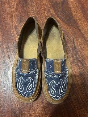 Ariat Brown Suede Slip-On Slippers with Navy Bandana Toe